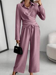 SHEIN Clasi 女士两件套休闲通勤交叉裹身衬衫和裤子套装 - 淺灰紫 - 查看 3