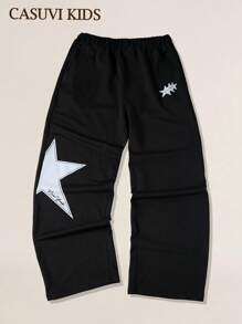 SHEIN Explorewe Casual Teen Boys Plain & Star Print Letter Graphic Long Pants, Versatile For Indoor, Outdoor, SpringSummerFallWinter - Black - View 4