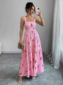 Elenzga Women's Blue Plaid & Cherry Print Ruffle Trimmed Slip Dress For Vacation - Pink - View 5