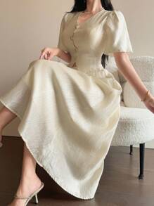 DAZY Set de 2 piezas para mujer: Blusa de manga abullonada con textura de unicolor y falda