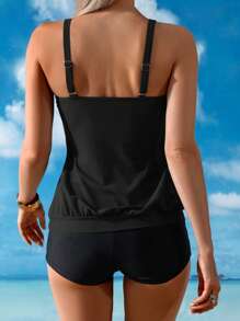 Swim Lushoire Women Geometric Elastic Strap Camisole Bikini Top For Summer Beach Vacation - Black - View 2