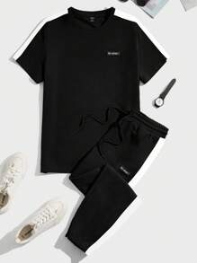 Manfinity BRENVOR 2 Pieces Men Casual Knit Side Tape Patchwork Fitted Crew Neck Tee & Drawstring Waist Jogger Pants Set Summer Outfit, Suitable For Daily Wear - Black and White - View 1