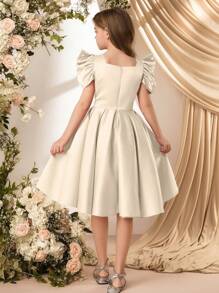 SHEIN Tween Girls' Luxurious Pearl Beaded Puff Sleeve Satin Dress, Filipiniana Terno - Apricot - View 2