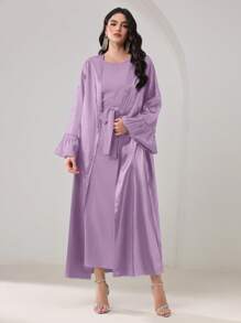 Al Najma 女士优雅纯色喇叭袖阿拉伯长袍，端庄长袍 - 紫色 - 查看 5