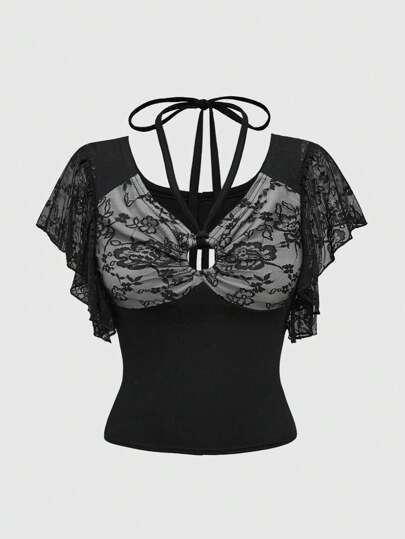 J-Fashion Shibuya Gyaru Y2K Style Lace Patchwork Sleeveless T-Shirt For Plus Size Women