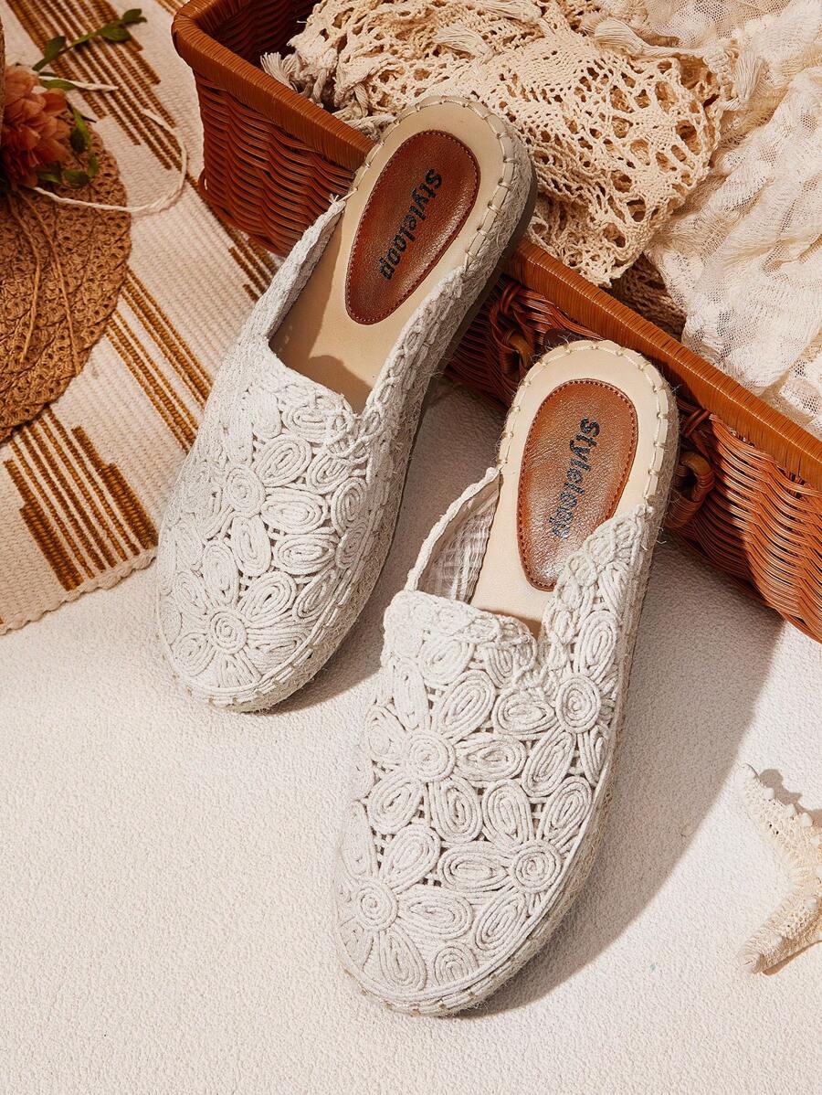 Styleloop Women's Beige Casual Retro Embroidered Thick Sole Straw Rope Shoes, Bohemian Style For Vacation - Beige - View 1