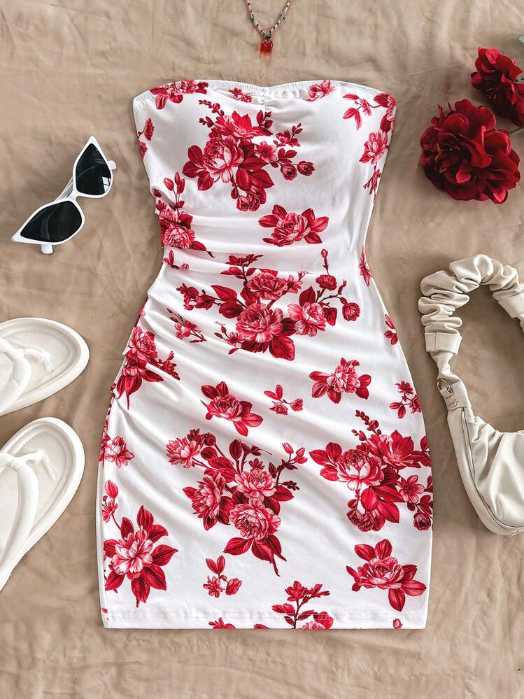 open lace back dress CHICWISH Women Short Bubble Sleeves Cotton Maxi Dress Flower Printed V Neck  Elastic Waist Casual Red Long Summer Dresses at Amazon Women's Clothing  store main image 1