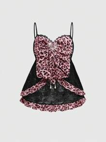 ROMWE J-Fashion Y2K 复古辣妹涩谷辣妹 Himekaji 风格蕾丝豹纹拼布 A 字型女式背心 - 黑色 - 查看 1