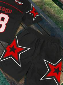 SHEIN Leap Crew 2pcs/Set Tween Boy Casual Numeric 88 & Star Graphic, Cool Gothic Text Print Minimalist Short Sleeve Crew Neck Outfit, Suitable For Spring/Summer - Multicolor - View 5