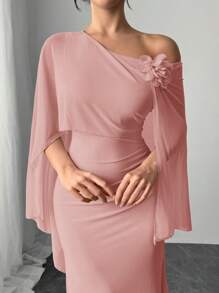 Firerie Gaun Wanita Elegan Menawan dengan Detail Kerut, Warna Pink Muda Pucat, Motif Jala dan Bunga, Cocok untuk Pernikahan, Ninang, Kencan, dan Hari Valentine. Gaun Maxi Sederhana - Berwarna merah muda - View 9
