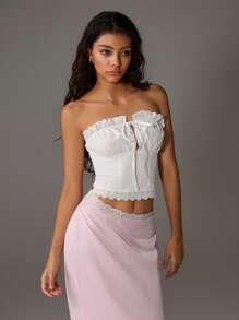 TRNVIE 女士白色休闲刺绣蕾丝抹胸短款上衣海滩罩衫背心，夏季