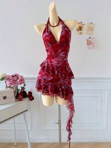 Elamini Vestido de mujer con estampado completo, cuello de halter y dobladillo asimétrico con volantes, estilo vacacional