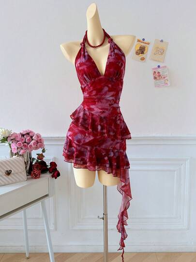 Elamini Women's Full Print Halter Neck Dress With Asymmetrical Ruffle Hem, Vacation Style