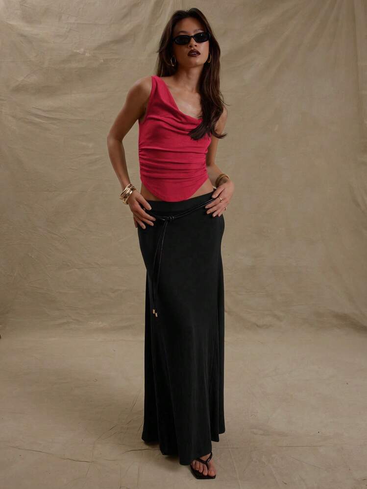 MUSERA Open Cowl Neck Ruched Side Curved Hem Sexy Fitted Top For Going Out Summer Holiday Carnival Festival Spring - Burgundy - View 5