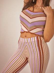 Aralina Summer Vacation Boho Striped Crochet Knit Boho Beach Vacation Halter And Pants Two Pieces Set Pants And Cami Halter - Multicolor - View 3