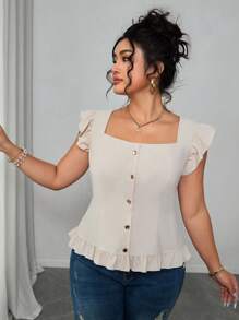 SHEIN Unity Plus Size Women's Simple French Style Casual Summer Versatile Cap Sleeve Square Neck Ruffle Trim Blouse - Apricot - View 5