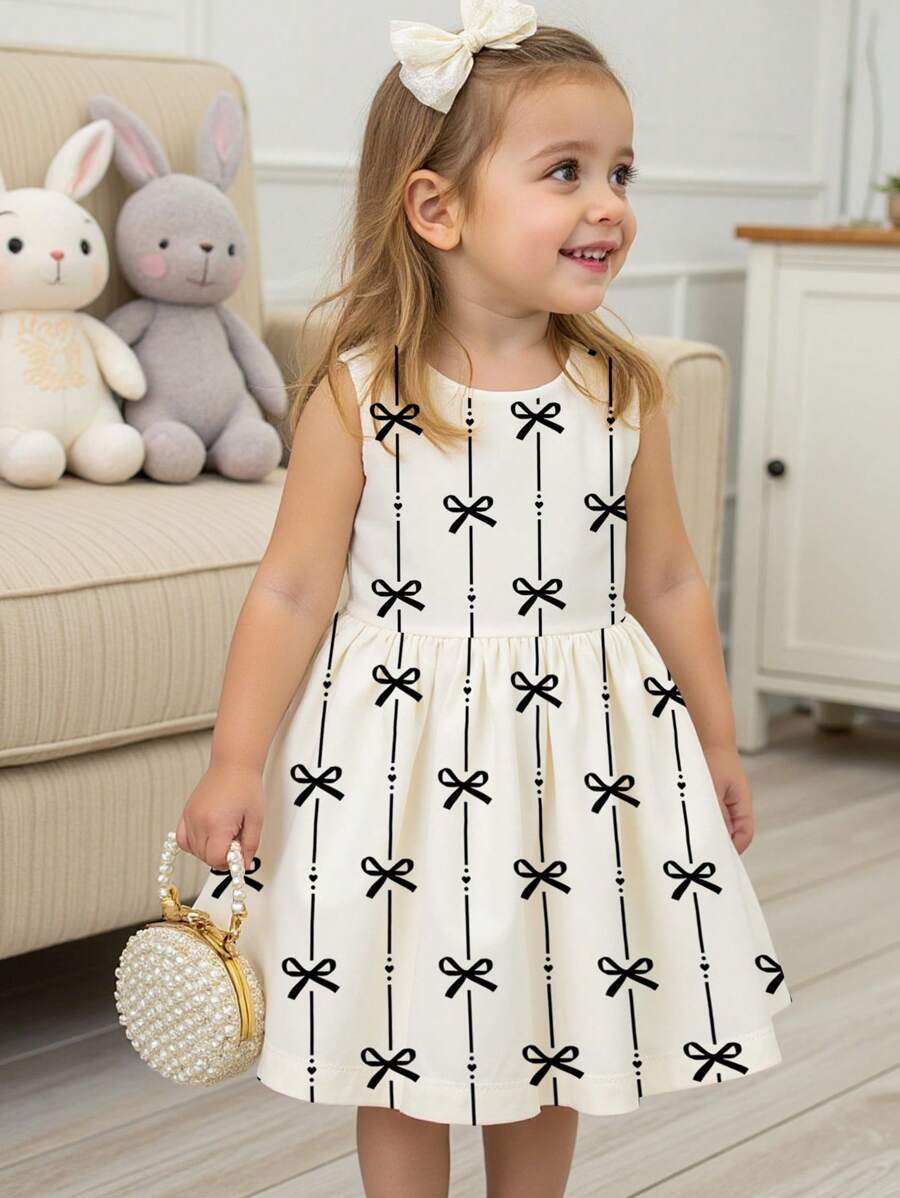 SHEIN 可爱条纹蝴蝶结印花，女婴休闲卡通图案圆领无袖中长连衣裙，适合夏季 - 彩色 - 查看 1