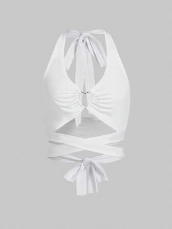 Kawaii Camiseta sin espalda con tirantes tipo espagueti, color blanco liso, hebilla en forma de corazón y atadura para mujer, ideal para el verano y las vacaciones en la playa
