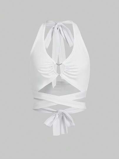 Kawaii Sommerstrand Urlaub Lässig rückenfrei weißes einfarbiges Trägershirt mit Herzschnalle und Bändchen für Frauen