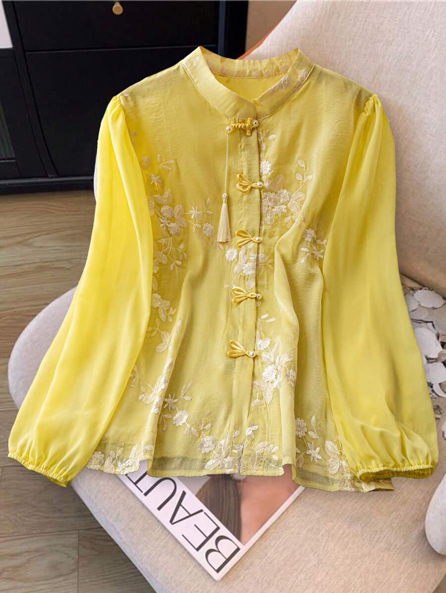 SHEIN LUNE Áo sơ mi cổ tròn thêu hoa phong cách Trung Hoa mới thanh lịch cỡ lớn - Màu vàng - Xem 1