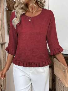 LanaWest 女士休闲衬衫，短袖，圆领，宽松版型，机织面料，拼布荷叶边下摆，度假 - 紅色 - 查看 3