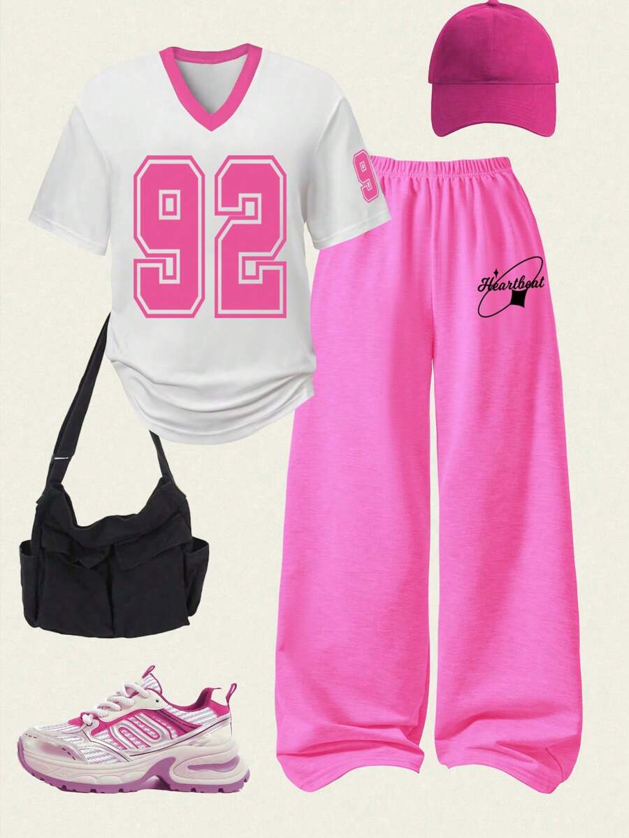 SHEIN Explorewe 2 件套青少年女孩休闲时尚街头装舒适数字图形 V 领短袖上衣和阔腿运动裤套装 - 彩色 - 查看 1