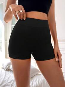 Easithlete Ribbed Knit Wideband Waist Sports Shorts Stretchy ShortsWomen Sweat Short, Gym Short, Biker Short - Black - View 8