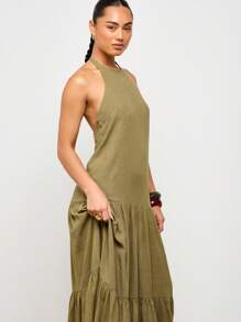 AiiRZ Elegante abito lungo da maxi con scollo ad aletta, a balze, estivo bohémien, ampio, lungo fino ai piedi, senza maniche, effetto lino, per serate, vacanze, matrimoni, adatto per tutte le stagioni