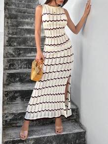 SHEIN Tall Vestido largo envolvente tipo body con rayas burdeos para mujer, ropa de playa