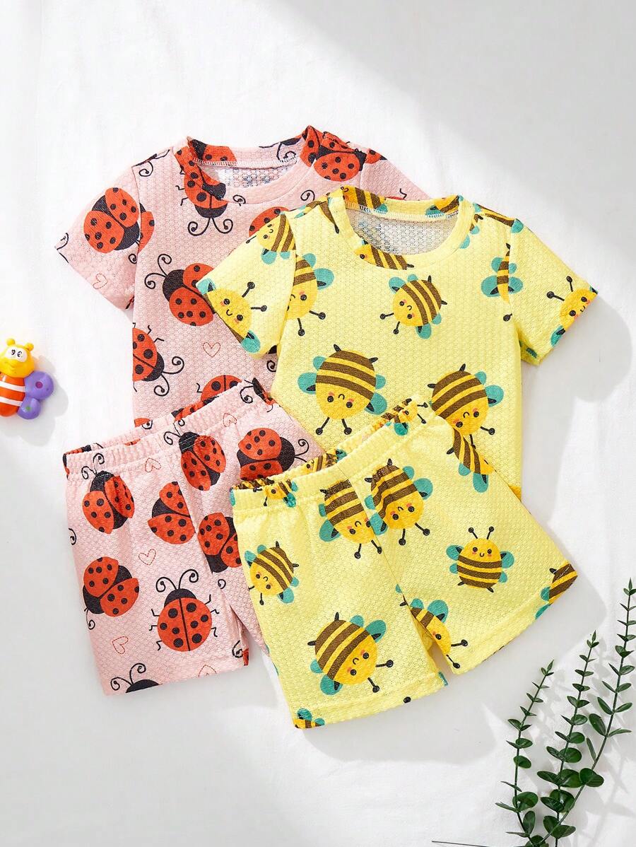 SHEIN 6pcs Infant/Toddler Unisex Cute Bug Ladybug & Bee Pattern Soft Knitted Clothing Set,Pastel Yellow,Summer,Casual,Family Matching For 3M-3Y Babies Wear - Multicolor - View 1
