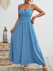 SHEIN VCAY Váy dây thường ngày in hoa đi nghỉ cho nữ - Xanh đậm - Xem 5