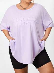 SHEIN CURVE+ Curve Plus Size Women Brooklyn Letter Embossed Black T-Shirt Streetwear