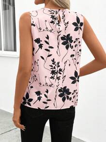 SHEIN Clasi Classic Women Crew Neck Pleated Sleeveless Fitted Khaki, Black Floral Print Elegant Casual Blouse, Spring/Summer - Pink - View 2