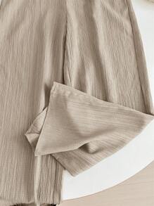 SHEIN LMoss Kids LMoss Tween Girl Textured Fabric Loose Wide Leg Pants With Drawstring Elastic Waistband - Khaki - View 6