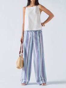 LYSMO Women's Striped Tie-Up Patchwork Long Pants