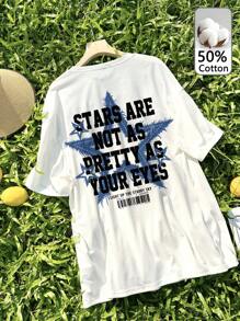 Muchica 超大宽松休闲字母星星印花牛仔图案 T 恤，舒适 50% 棉，适合夏季 - 白色 - 查看 6