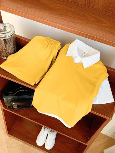 Young Boy's 3pcs/Set White Color Turn-Down Collar Short Sleeve Shirt & Casual Vest & Shorts Set, Suitable For School, And Home,Suitable For Commuting, School, Daily Leisure, Vacation, Travel, Suitable For Sports, Suitable For Kids' Outfits, Young Boy Clothes, School Boys Set, Boys Outfits, Family Matching Outfits, Birthday Party, Suitable For Daily, Suitable For School, Suitable For Sports, Spring And Summer Season