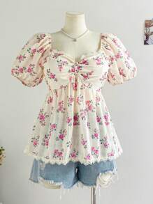 SHEIN WYWH Áo cánh tay loe cổ gà mùa xuân cỡ lớn cho nữ - Nhiều màu - Xem 1