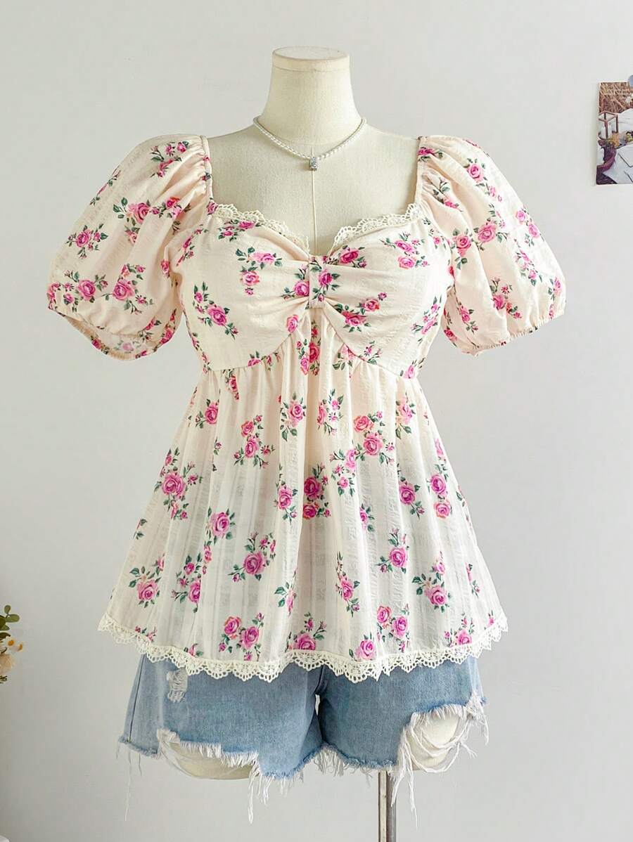 SHEIN WYWH Áo cánh tay loe cổ gà mùa xuân cỡ lớn cho nữ - Nhiều màu - Xem 1