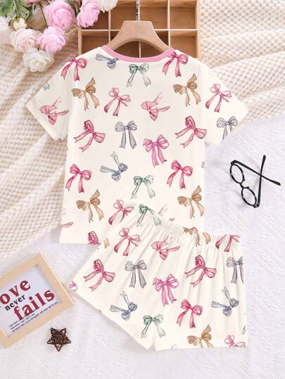 SHEIN Leap Crew Tween 女童休闲蝴蝶结装饰圆领短袖短裤睡衣套装，适合夏季