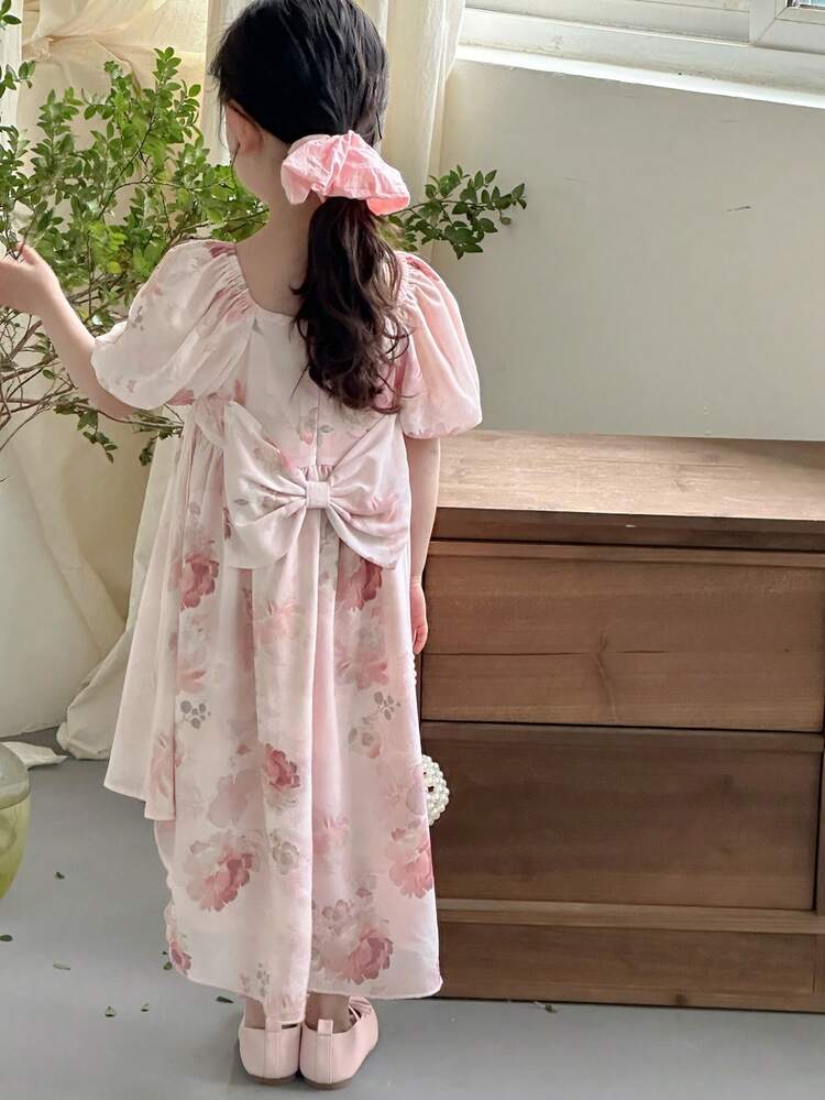 Young Girl Sweetheart Ditsy Floral Square Collar Bow Accent Short Sleeve Dress, Summer