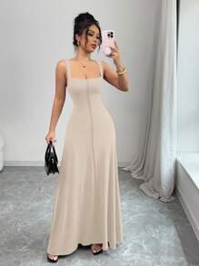 SHEIN Privé Wine Red Elegant Retro Square Collar Front Vent A-Line Dress For Women - Apricot - View 4