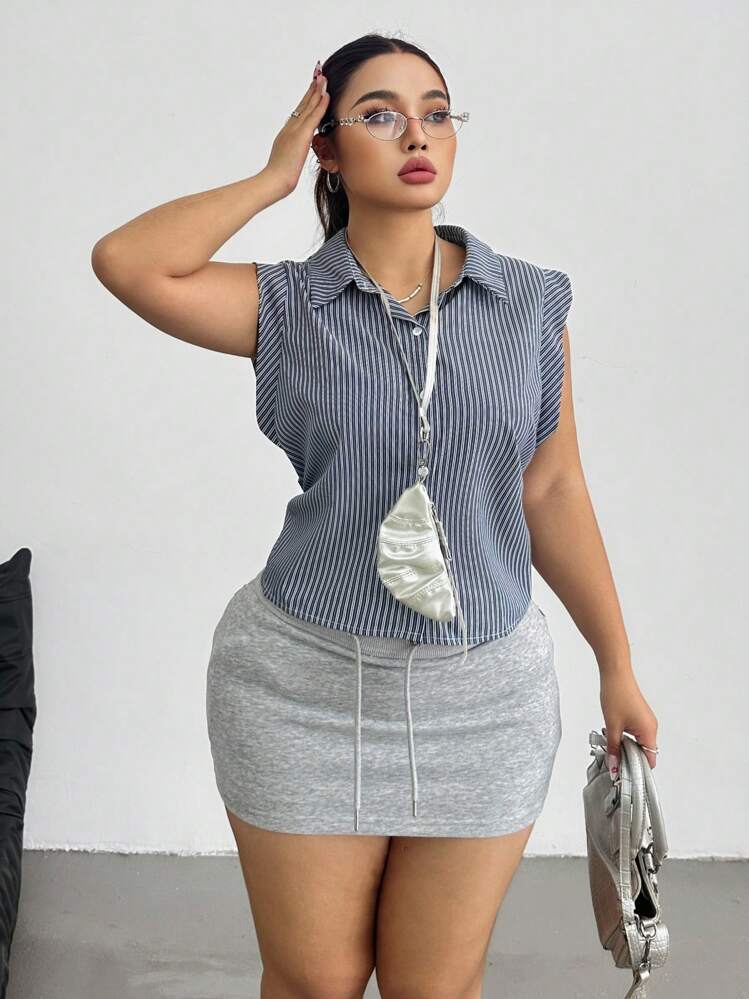 Flirla 大码女式夏季新款休闲 Polo 领条纹无袖衬衫，个性化时尚外出上衣，商务休闲 - 彩色 - 查看 4
