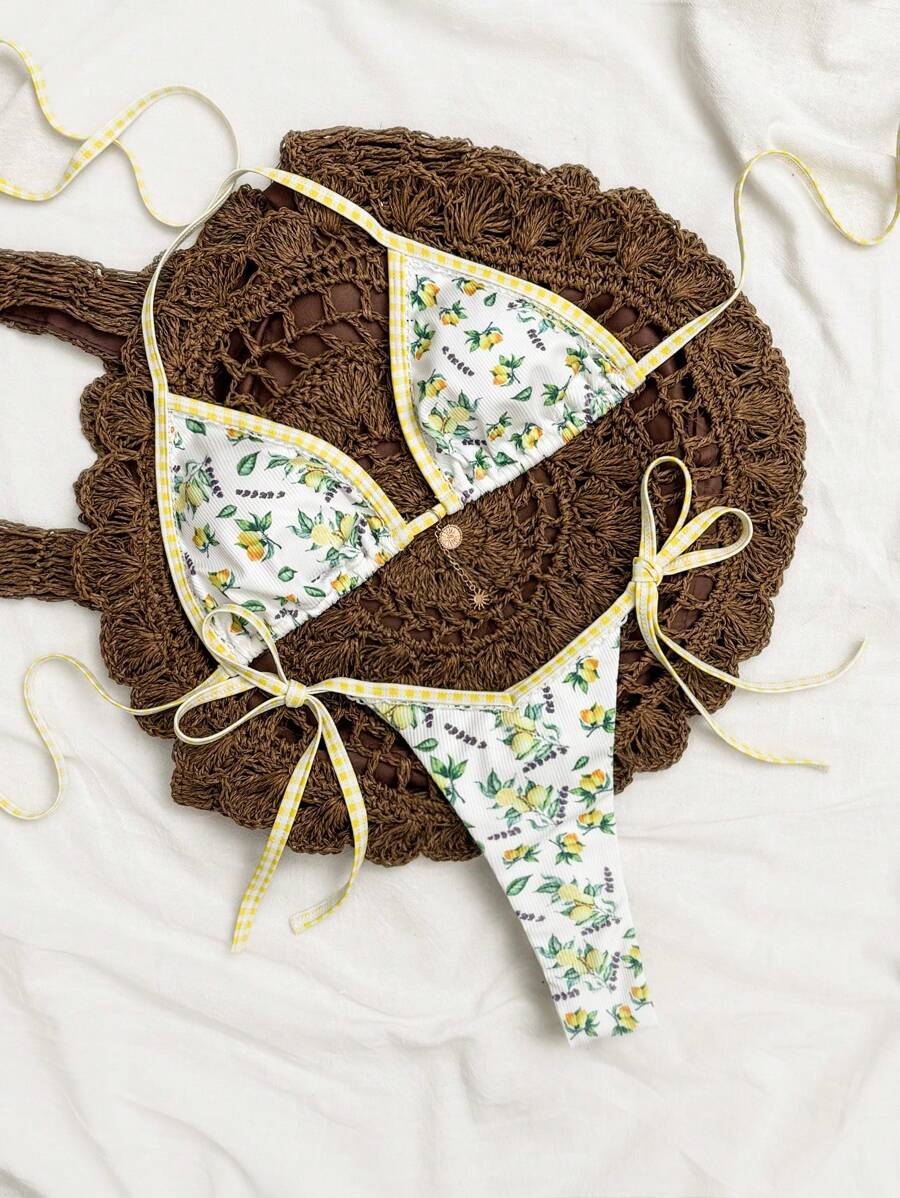 SHEIN Swim 2pcs Women Textured Lemon Print Triangle Spaghetti Strap Top Halter Neck & Tie Side Bottoms Swimwear Set For Summer Beach Vacation