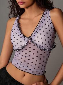 TRNVIE Spring & Summer Romantic Light Purple Polka Dot Mesh Floral V-Neck Tank Top For Women