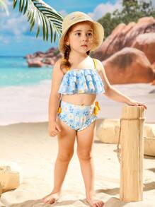 Adorable Girls' Two-Piece Bikini Set With Daisy Print And Ruffle Detailing Perfect For Summer Beach Fun - Multicolor - View 12