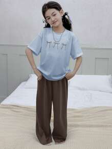 Dazy Kids Tween 女童蝴蝶结图案印花圆领短袖上衣和裤子家居服套装