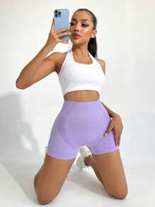 SHEIN Sports Pantalones cortos deportivos con control de abdomen, shorts elásticos para mujer, shorts para gimnasio, shorts de ciclista - Lila Púrpura - Ver 5