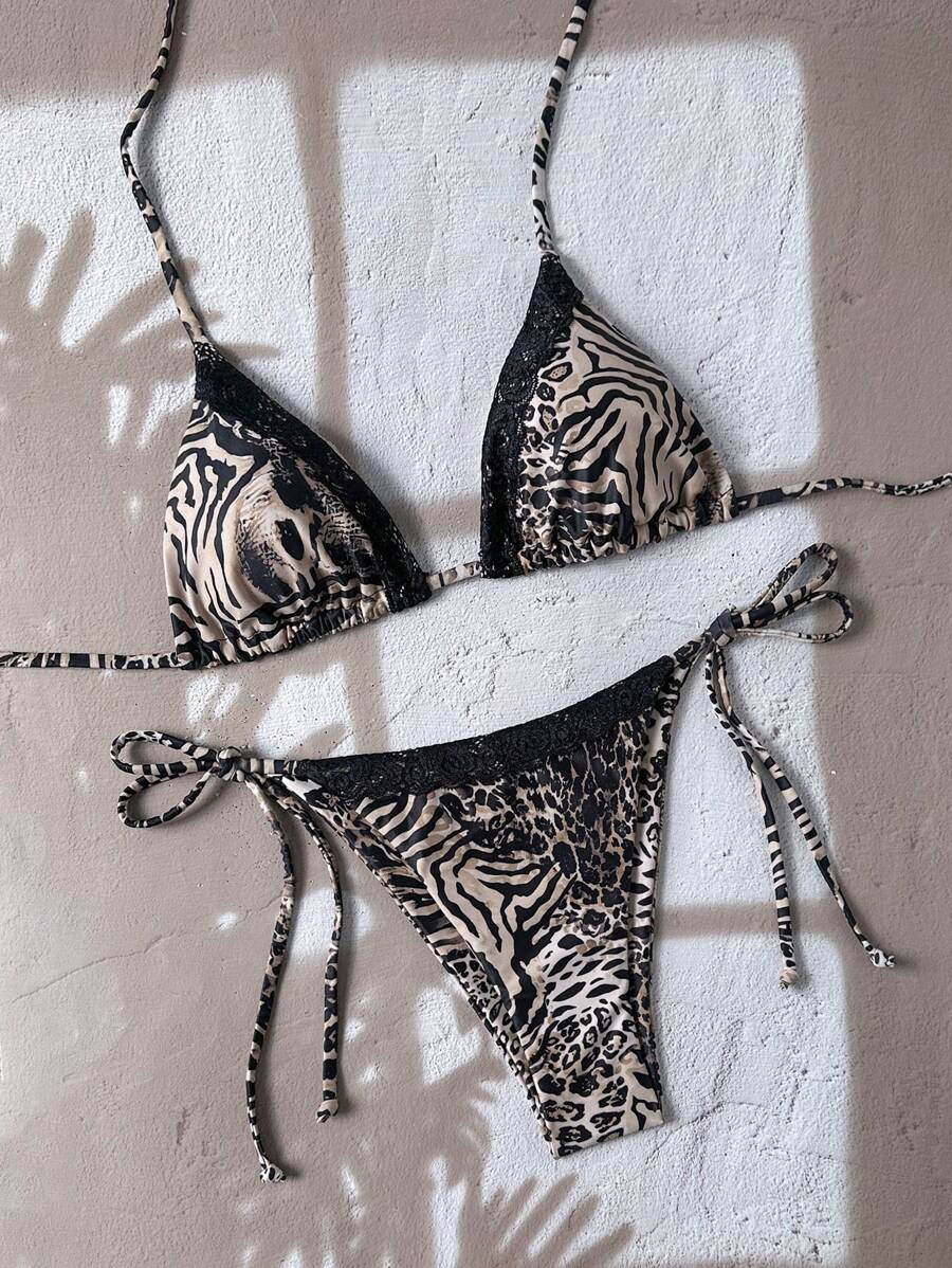 Swim Vcay 2025 夏季海滩蕾丝 & 随机印花拼接露背性感上衣和侧系带泳裤女式比基尼套装豹纹比基尼三角比基尼两件套比基尼 - 彩色 - 查看 1