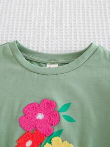 Cozy Pixies 2pcs Baby Girl Plant & Floral Knitted Soft Round Neck Short Sleeve Pullover Top And Elastic Waist Shorts Set For Spring - Multicolor - View 4